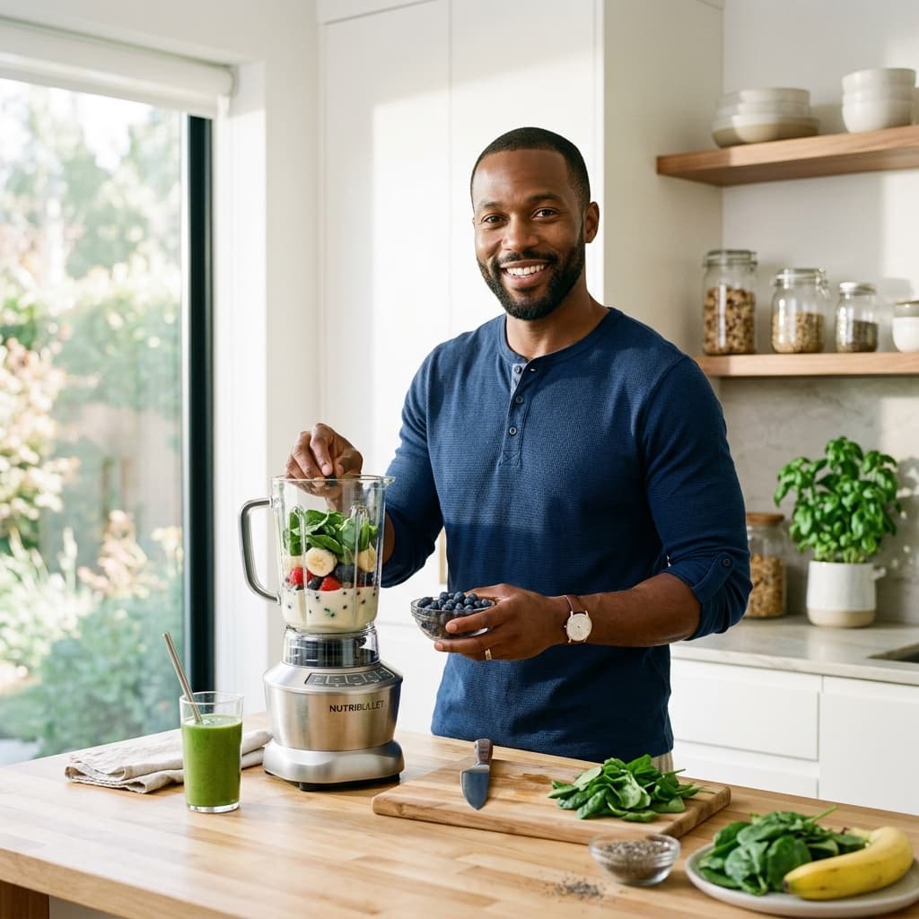 Fit confident man preparing a healthy smoothie